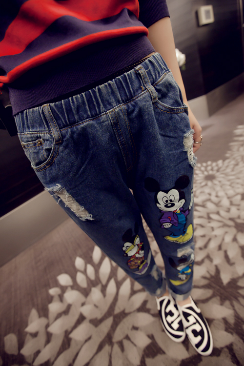 กางเกงยีนส์ สกรีนลายมิกกี้เมาส์ แต่งขาดๆ แนวๆ ทรงสวย พร้อมส่ง same pic