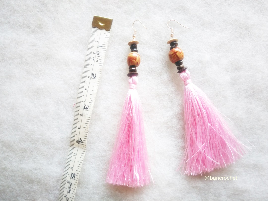 Bancrochet ต่างหูถักโครเชต์ crochet earrings สีชมพู 5 นิ้ว
