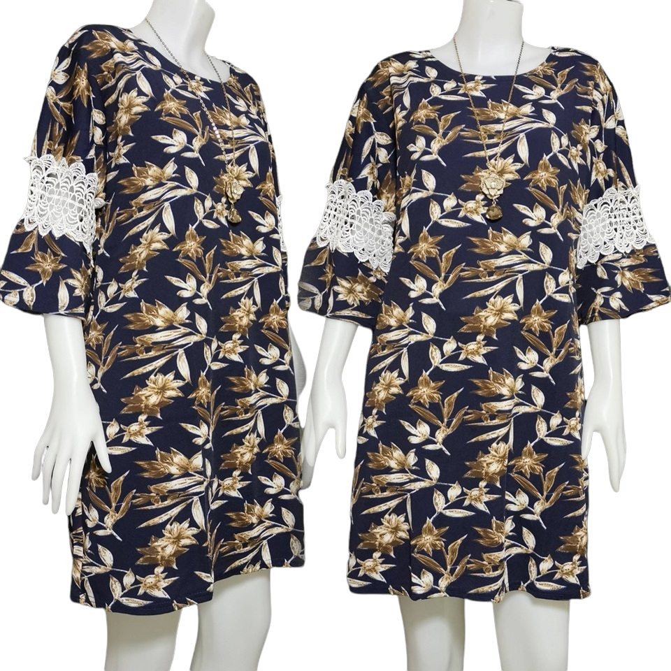 Dress4361 เดรสไซส์ใหญ่ทรงปล่อยลายดอกไม้ แขนสามส่วนระบายแต่งลูกไม้ ผ้าวูลเวฟ(ผ้าหนังไก่)เนื้อดีหนานิ่มมีน้ำหนักยืดขยายได้เยอะใส่สบายสุด งานดีทรงสวย ทรงนี้ใส่ได้เรื่อยๆ มี 5 สี เลือดหมู, เขียว, ชมพู, กรม, ดำ