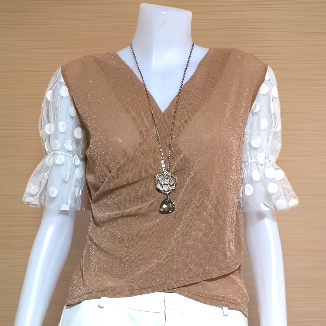 Blouse4010 เสื้อแฟชั่นคอวีป้ายผ้ายืดวิ้ง ต่อแขนผ้ามุ้งลายจุด งานดีสวยหรูดูแพง แมทช์กับอะไรก็เข้า มี 3 สี ดำ, เหลือง, น้ำตาล