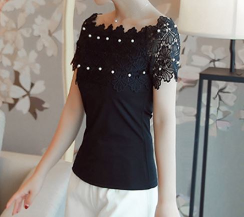 เสื้อลูกไม้ แขนสั้น เสื้อคอปาด แบบสวย แบบไทย ๆ เสื้อลูกไม้ ลุ๊ค คุณหนู แต่งมุก สวย เก๋ ใส่ทำงาน อยู่บ้านได้หมด 695457