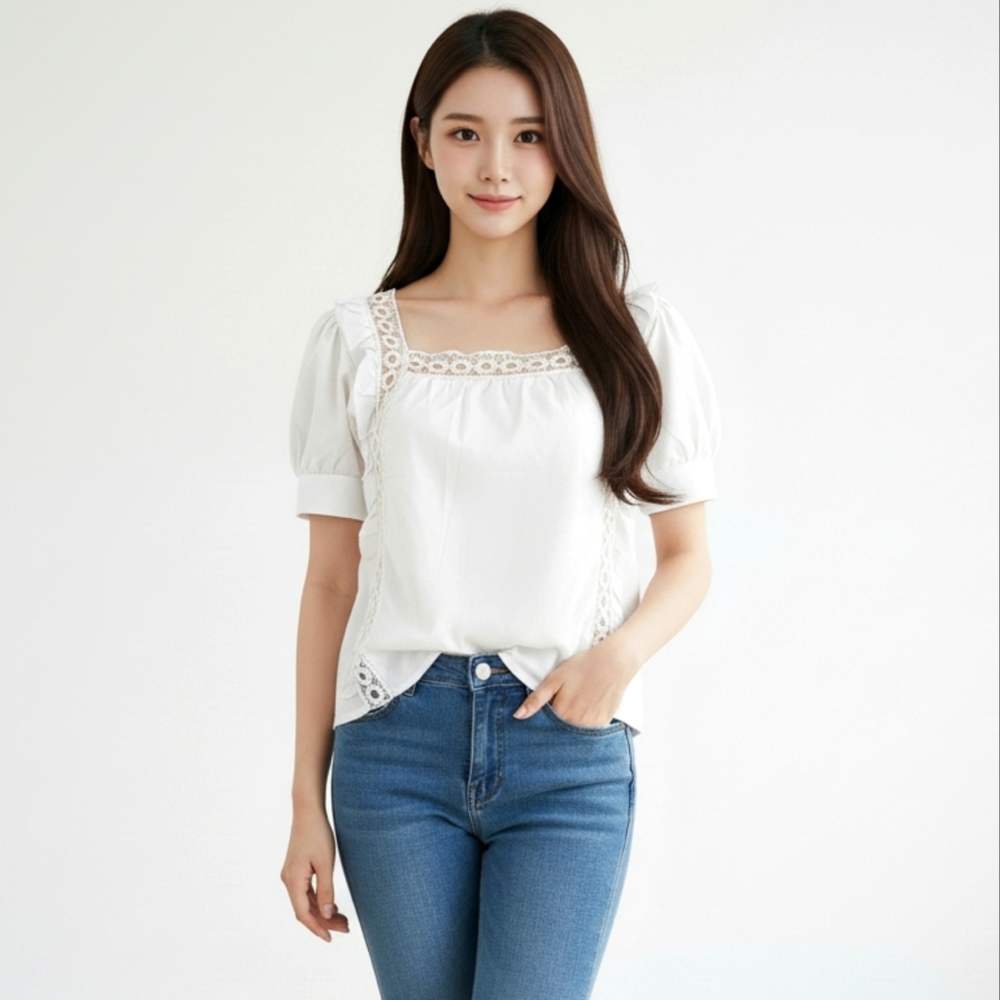 Blouse3903 เสื้อแฟชั่นน่ารักทรงคอเหลี่ยมแต่งระบายลูกไม้ แขนตุ๊กตา ผ้าคอตตอนเนื้อดีหนาสวย แมทช์กับอะไรก็สวย มี 2 สี ขาว, เหลืองมัสตาร์ด