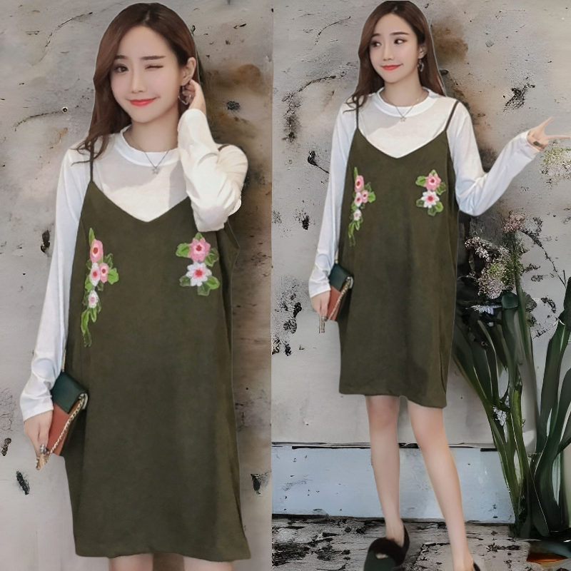 Dress4729 เสื้อแขนยาว+เดรสกระโปรงแต่งลายปักดอกไม้ผ้าคอตตอนกำมะหยี่เนื้อดีหนานุ่มมีน้ำหนักทิ้งตัว งานดีดูสวยแพง