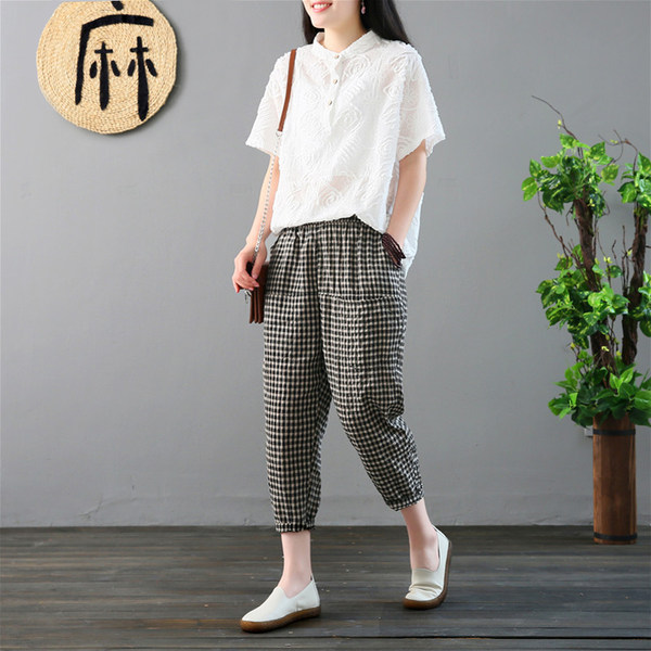 กางเกงผ้าลินิน กางเกงขายาว กางเกงผ้าลินินญี่ปุ่น กางเกงผ้าลินิน เอว ยางยืด By LZcotton and linen