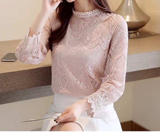 เสื้อผ้าลูกไม้ แขนยาว เสื้อแฟชั่น ผู้หญิง แบบหวาน ๆ ลุ๊ค คุณหนู เสื้อลูกไม้ แบบปิดคอ ลายดอกไม้ ใส่ออกงาน ทำงาน 680988