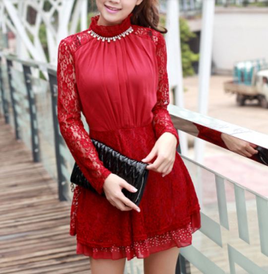 เดรส ผ้าลูกไม้ ใส่ออกงาน สุดหรู เดรสสีแดง ใส่วันตรุษจีน ใส่ไปงาน แขนยาว ดูไฮโซ แต่งมุขที่คอ กระโปรงผ้าลูกไม้ผสมหนัง แต่งเม็ดบีด 127721