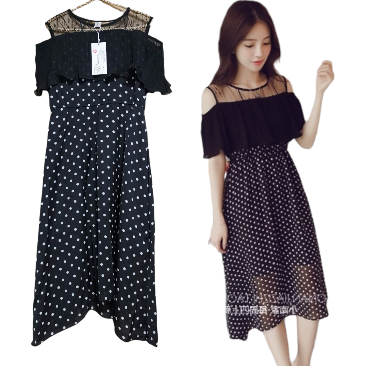 Dress4610 เดรสยาวลายจุดสีดำ รอบอกแต่งระบายอัดพลีท ดีเทลช่วงบ่าลูกไม้ เอวสม็อคยางยืด มีซับในอย่างดี ผ้าชีฟองเกรดพรีเมียมเนื้อดีนุ่มใส่สบายผิว งานดีเรียบหรูใส่แล้วดูแพง ทรงสวยใส่เที่ยว/ใส่ทำงานได้