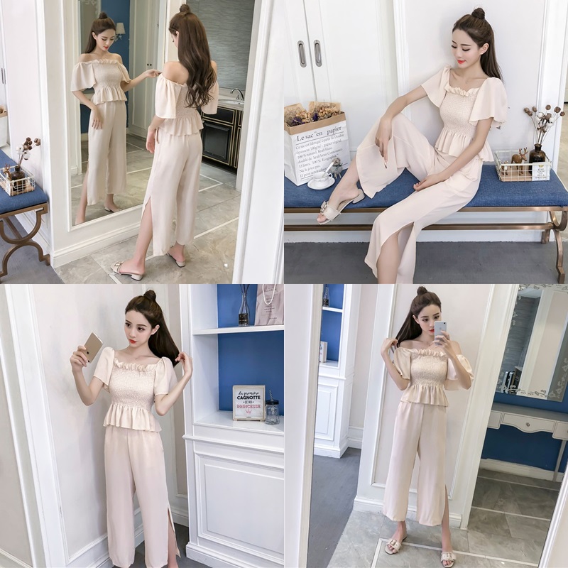 Set_bt1800 ชุดเซ็ท 2 ชิ้น(เสื้อ+กางเกง) เสื้อเปิดไหล่สม็อครอบอกแขนทรงปล่อย+กางเกงขายาวเอวยางยืดผ่าชายเล็กน้อยเพื่อความคล่องตัว มีกระเป๋าข้าง ผ้าชีฟองเกรดพรีเมียมเนื้อดีหนานุ่มมีน้ำหนักใส่สบายไม่ยับง่าย งานน่ารักเก๋ๆ ใส่เที่ยว/ใส่ทำงานได้