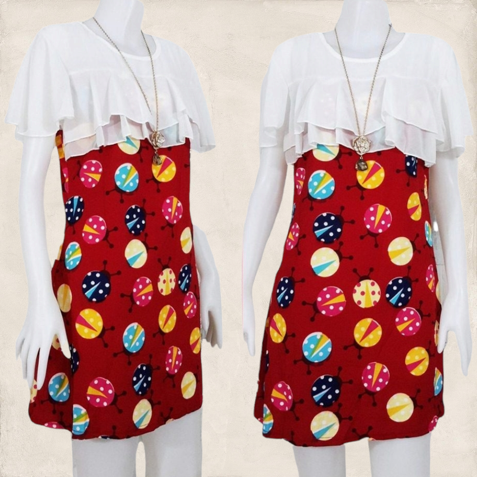 Dress3172 เดรสแฟชั่นอกชีฟองสีขาวแต่งระบาย ผ้าวูลเวฟ(ผ้าหนังไก่)เนื้อดีนุ่มยืดหยุ่นสูงใส่สบาย (ลายเต่าทองสีแดง)
