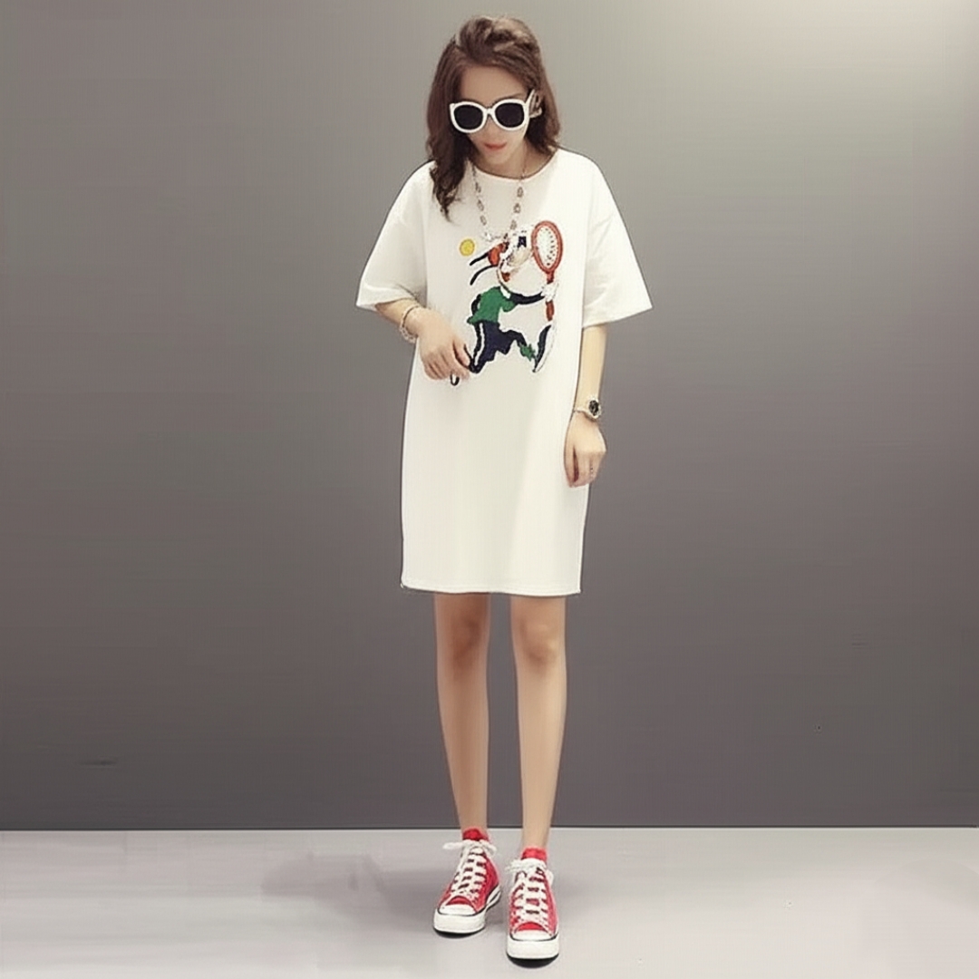 Dress4006 ชุดเดรสโอเวอร์ไซส์ทรงปล่อยใส่สบาย ผ้าคอตตอนสีพื้นเนื้อดีหนานุ่มสวยเกรดพรีเมียม หน้าอกสกรีนลายคมชัด ผ้าสวยเกินราคาเนื้อดีนุ่มใส่สบายยืดขยายได้เยอะ