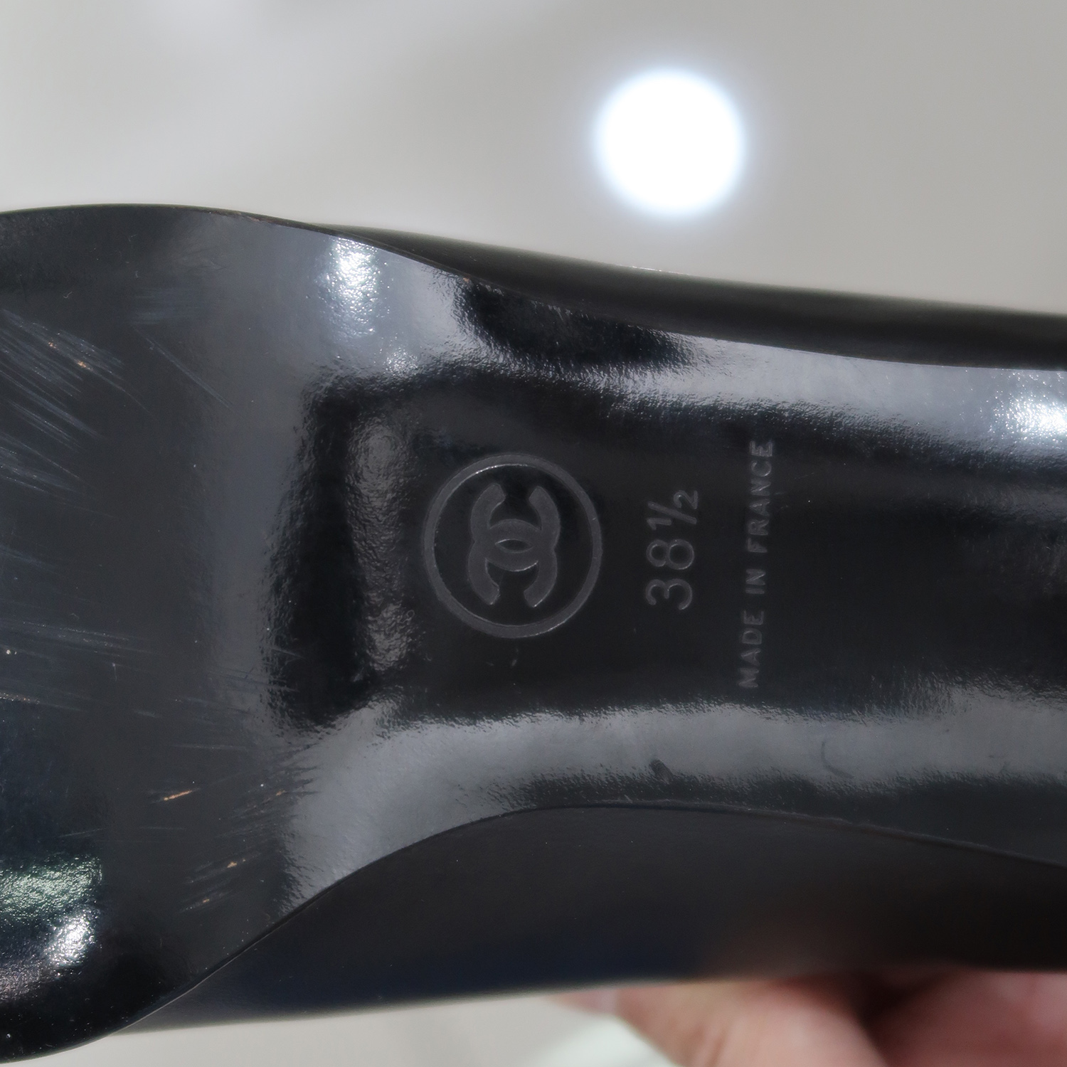 Chanel Black Calf Leather Patent Cap Toe Pumps Size 38.5