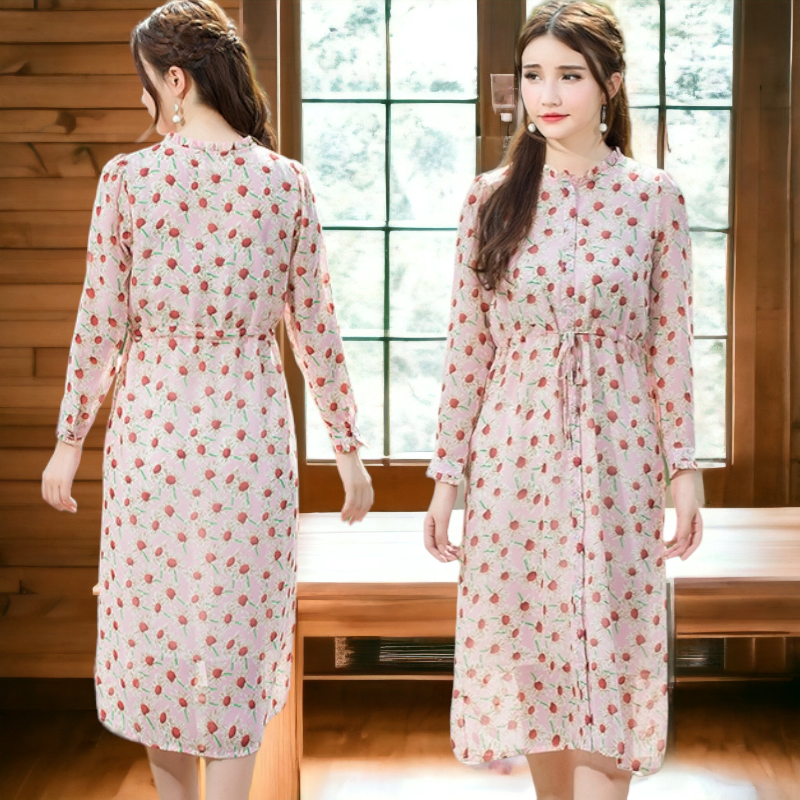 Dress4158 แม็กซี่เดรสยาวทรงสวยลายดอกทานตะวันพื้นสีชมพู คอระบาย กระดุมผ่าหน้า แขนยาวกระดุมข้อมือ มีเชือกผูกรูดเอวปรับได้ตามสัดส่วน มีซับในอย่างดีทั้งชุด ผ้าชีฟองเกรดพรีเมียม