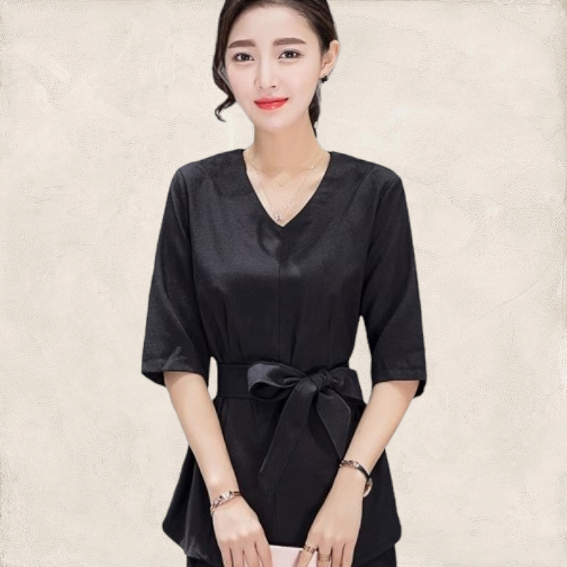 Blouse3829 เสื้อตัวยาวคอวีแขนสามส่วนสีพื้น ผ้าคอตตอนลินินเนื้อดีหนามีน้ำหนักอยู่ทรงสวย งานสวยหรูดูแพง ผ้าสวยเกินราคา แมทช์กับกางเกงได้หลายแบบ มี 2 สี ดำ, เทา