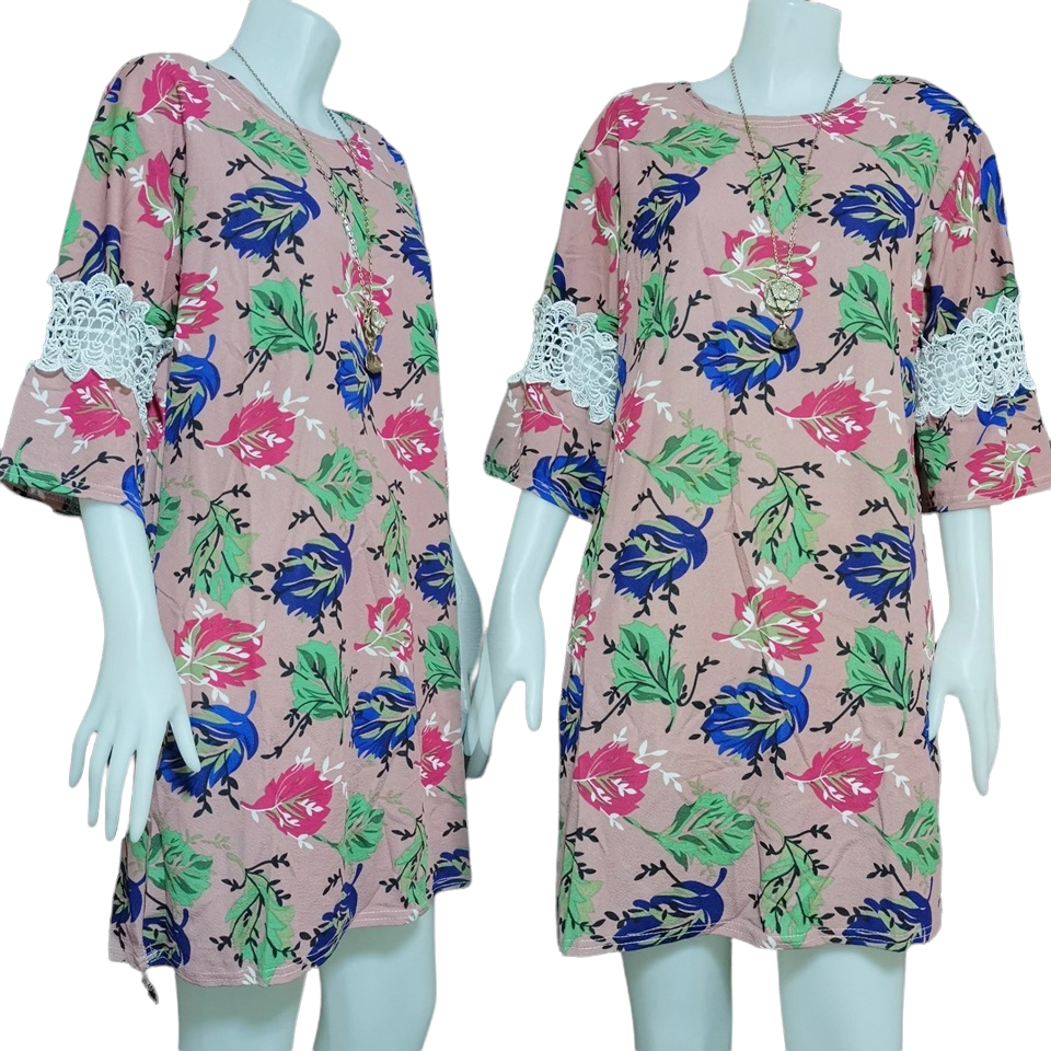 Dress4387 เดรสไซส์ใหญ่ทรงปล่อยลายดอกไม้ แขนสามส่วนระบายแต่งลูกไม้ ผ้าวูลเวฟ(ผ้าหนังไก่)เนื้อดีหนานิ่มมีน้ำหนักยืดขยายได้เยอะใส่สบายสุด งานดีทรงสวย ทรงนี้ใส่ได้เรื่อยๆ มี 5 สี แดง, ขาว, ชมพู, กรม, ดำ