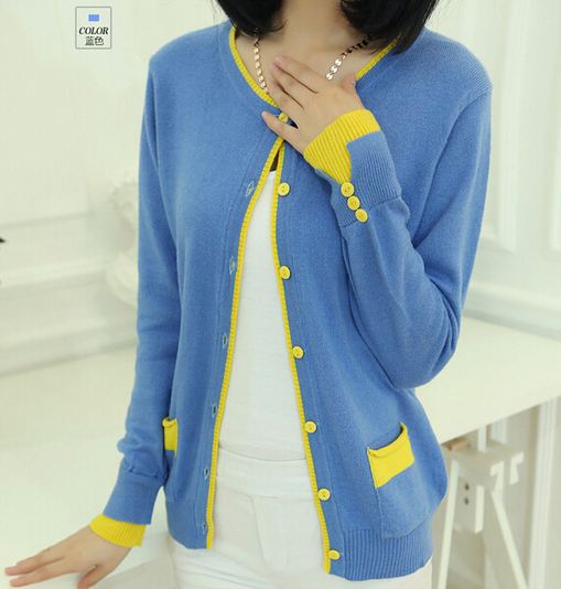 เสื้อไหมพรม เสื้อถักนิตติ้ง เสื้อคลุม ผู้หญิง ใส่ในห้องแอร์ สีฟ้า ตัดขอบเสื้อ ด้วย สีเหลือง เพิ่มมิติ เสื้อใส่เรียน ห้องแอร์ ใส่ในรถ เสื้อกันหนาว เก๋ ๆ 676786_1