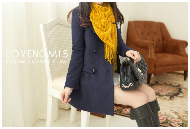 LADY COAT เสื้อโค้ทกันหนาว ยาว 25 นิ้ว ทรงหวานๆ สไตล์เกาหลี พร้อมส่ง ไม่รวมเช็มกลัด DARK BLUE