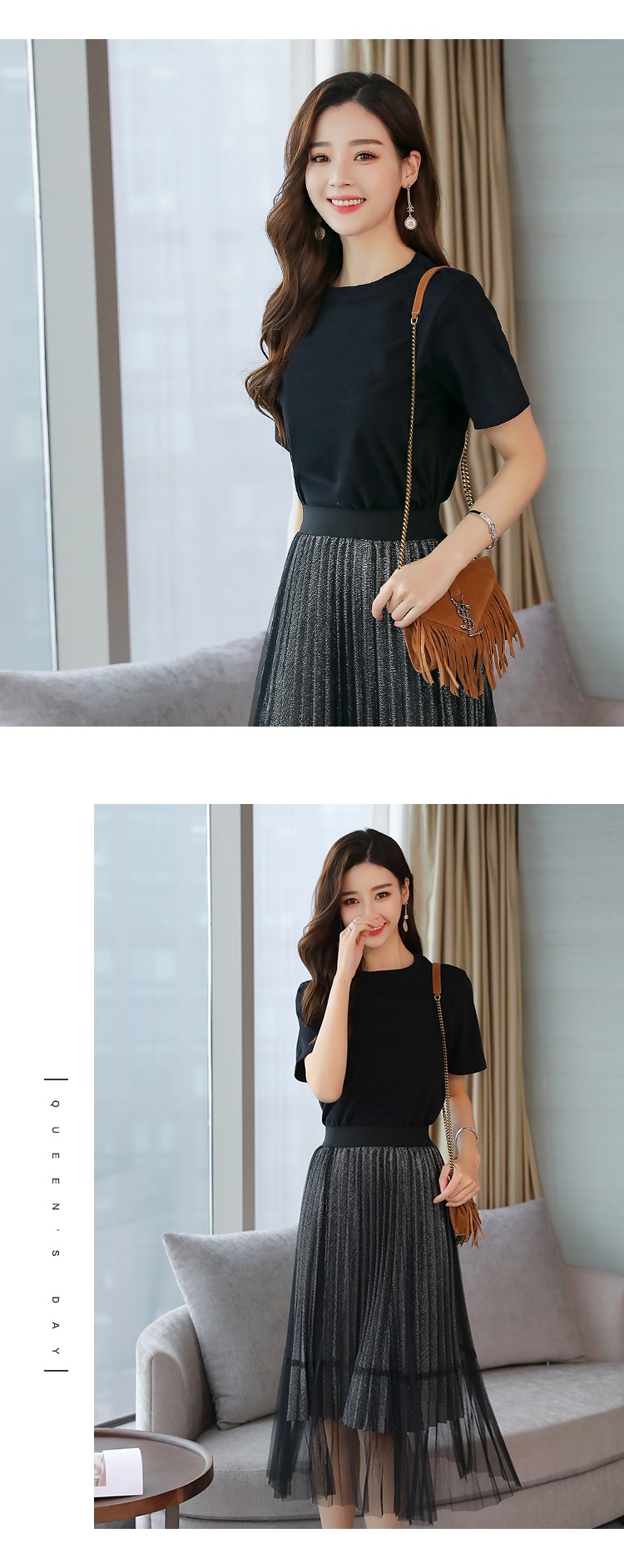 Set_bs1756 ชุดเซ็ท 2 ชิ้น(เสื้อ+กระโปรง) เสื้อยืดสีดำเนื้อนุ่ม+กระโปรงยาวเอวยืดผ้าวิ้งเนื้อนิ่มสีเทาคลุมทับด้วยผ้ามุ้งสีดำ ดีไซน์เก๋ๆ น่ารักดูมีดีเทลไม่ซ้ำใคร แมทช์ได้ลงตัว แยกใส่กับตัวอื่นได้อีกหลายลุค