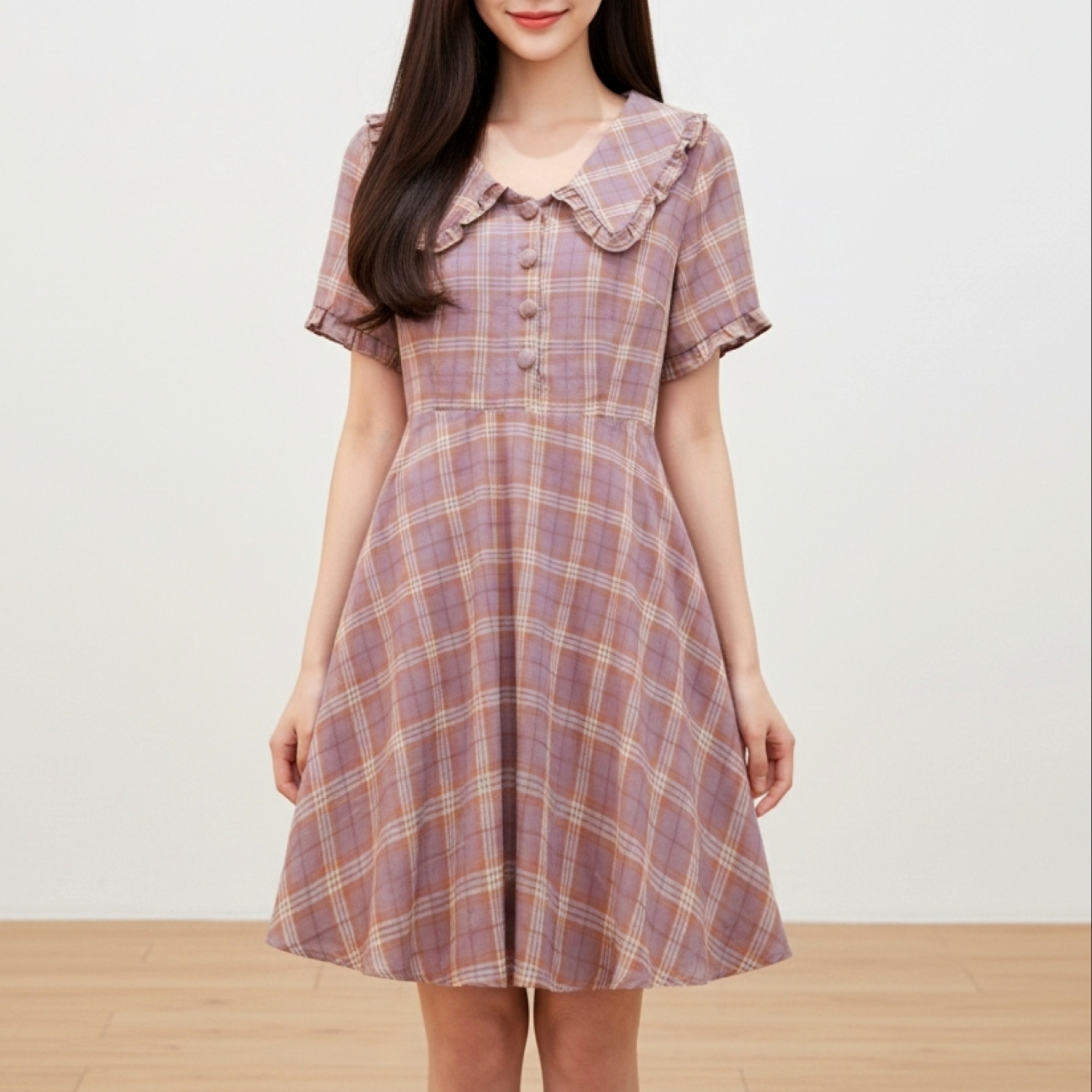 👗 Dress4592 เดรสลายสก็อตผ้าโพลีเนื้อนุ่ม ช่วยขับลุคให้อ่อนหวานละมุนดูน่าทะนุถนอมและดูน่ามองเป็นพิเศษ ด้วยโทนชมพูอมม่วงสไตล์ญี่ปุ่นแมทช์ได้หลายโอกาส