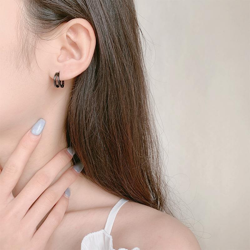 ต่างหูห่วงเงินแท้ S925 รุ่น Twin ห่วง2แฉก สีเงิน สีดำ สูง13mm ตุ้มหูห่วง เงินแท้ทั้งชิ้น Silver925