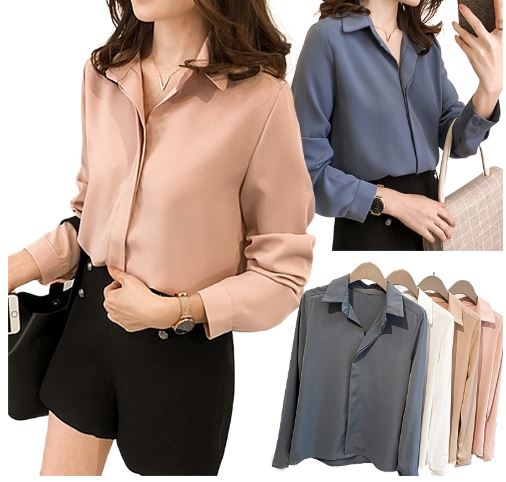 เสื้อเชิ้ตผู้หญิง เสื้อเชิ้ตแขนยาว ผ้าซีฟอง สีพื้น ใส่แบบหลวม ผ้าบางเบา ใส่สบาย หน้าร้อน แบบสวย s449665