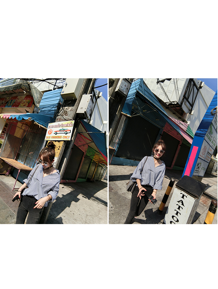 เสื้อเชิ้ตแฟชั่น ลายทาง ทรงเก๋ พร้อมส่ง