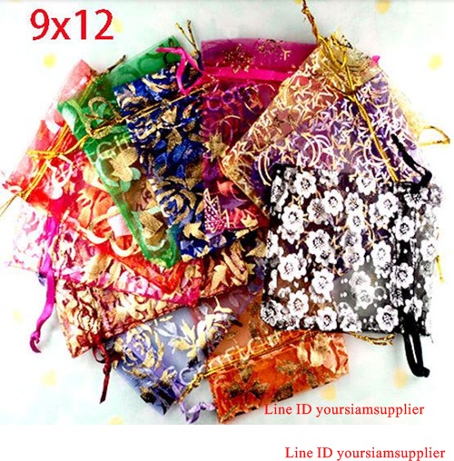 ถุงผ้าไหมแก้ว ขนาด 9*12 ซม แบบพิม์ลาย คละสี 100 ใบ