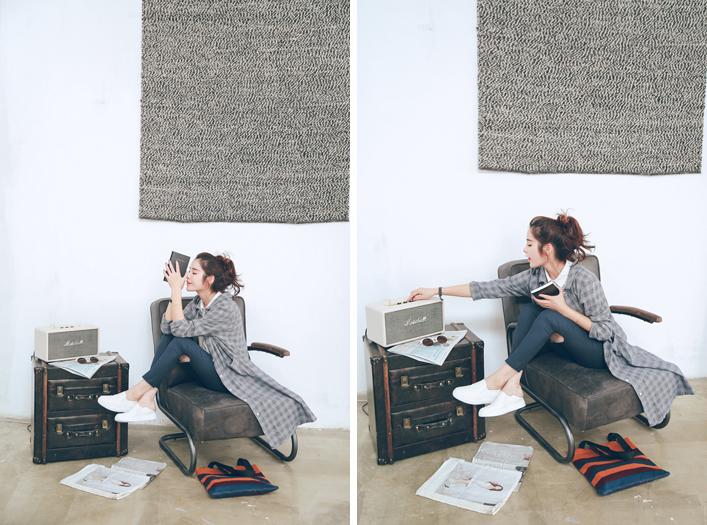 เสื้อคลุมตัวยาว ลายสก๊อตสีเทา แฟชั่นเกาหลี พร้อมส่ง