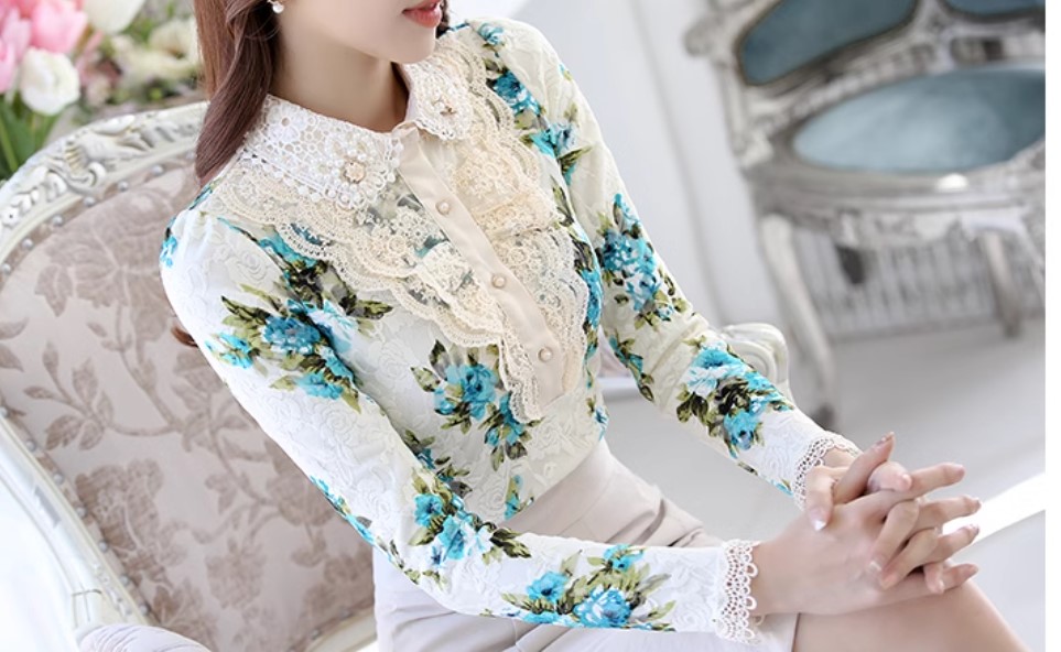 เสื้อผ้าลูกไม้ ผู้หญิง ลายดอกไม้ แบบสวย ๆ โทนสี เทอร์ควอยท์ และ โทนสีม่วง เสื้อลูกไม้แขนยาวลายดอกไม้ 822789