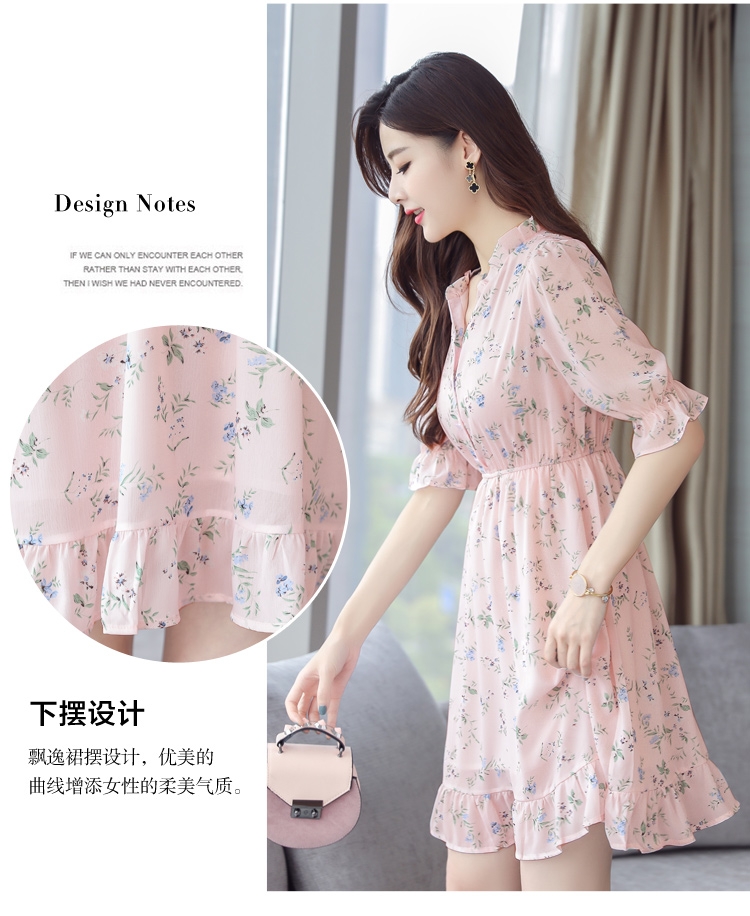 Dress4620 เดรสชีฟองลายดอกไม้สีชมพู กระดุมผ่าหน้าช่วงอก ทรงคอวีปกระบายเล็กๆ เอวยางยืด แขนสามส่วนระบาย