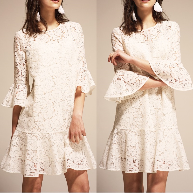 Dress4550 เดรสลูกไม้แขนยาวทรงปล่อยสีพื้นขาวชายระบาย มีซับในอย่างดีทั้งชุด ผ้าลูกไม้คอตตอนเนื้อดีนุ่มใส่สบาย งานดีทรงสวย