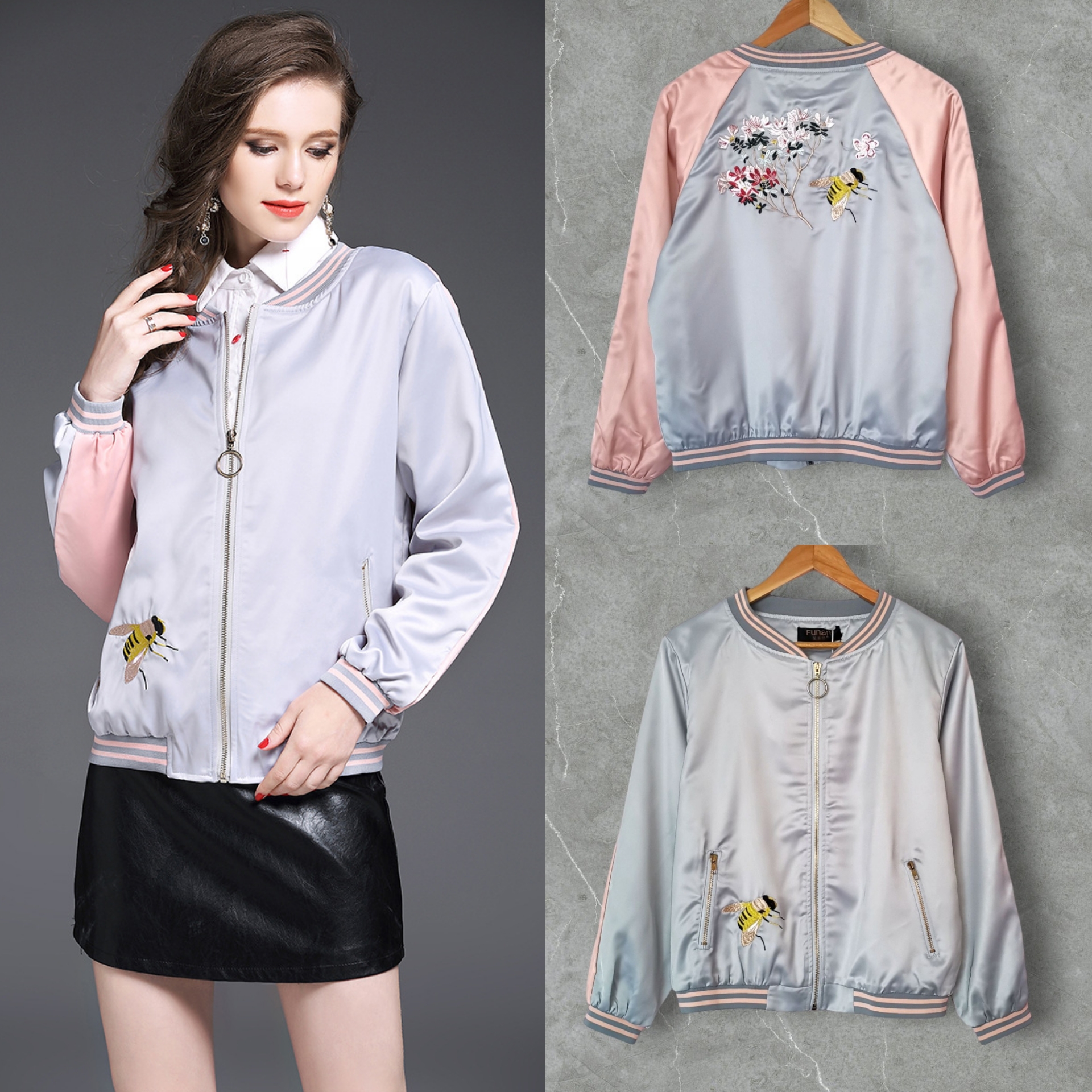 Blouse3847 เสื้อคลุมแจ็คเก็ตแขนยาวทรงเบสบอลงานปัก ซิปหน้า ผ้าซิลค์ซาตินเกรดพรีเมียมเนื้อดีหนานุ่มบุซับในอย่างดี ผ้าดีงานสวยเหมือนราคาหลักพัน แมทช์กับอะไรก็เข้า สวมใส่ได้ทุกโอกาส