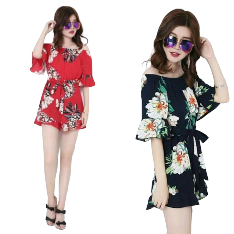 Jumpsuit679 จัมพ์สูทเปิดไหล่แขนระบาย เอวสม็อคยืดเยอะใส่สบาย มีผ้าผูกเอว ผ้าชีฟองหนังกบลายดอกไม้เนื้อดีมีน้ำหนักทิ้งตัว งานสวยน่ารักดูดีเซ็กซี่เบาๆ มี 2 สี ดำ, แดง