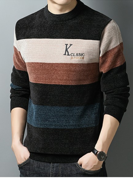 เสื้อกันหนาว ผู้ชาย แบบเท่ ๆ เสื้อกันหนาว แบบสวม ผ้ากำมะหยี่ อุ่นใส่สบาย เสื้อกันหนาว ลายขวาง แบบผู้ใหญ่ 804906