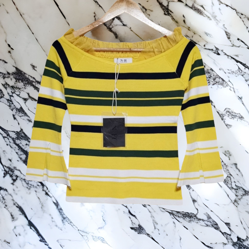 Blouse3899 เสื้อแฟชั่นนำเข้า เสื้อไหมพรมคอปาดเปิดไหล่แขนสามส่วนลายริ้วโทนสีเหลืองสด คอแต่งระบายเพิ่มความน่ารัก งานผ้าไหมพรมเนื้อดีนุ่มเนียนยืดขยายได้เยอะ