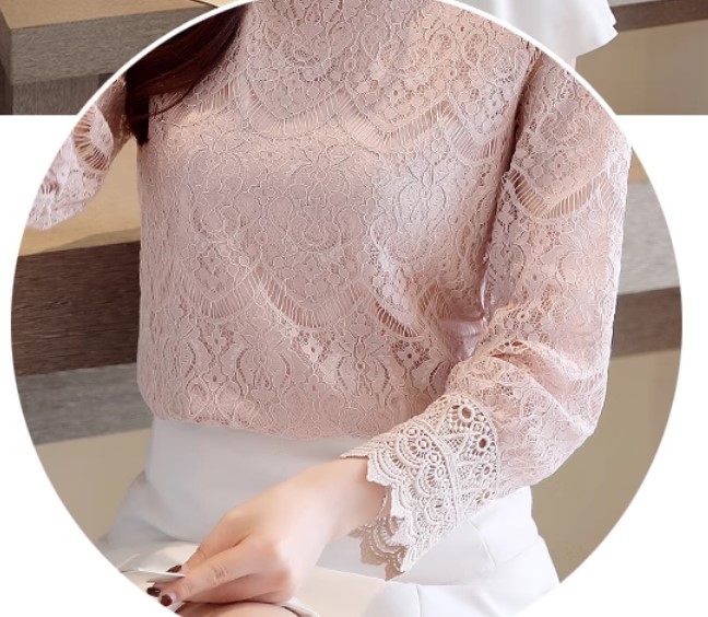 เสื้อผ้าลูกไม้ แขนยาว เสื้อแฟชั่น ผู้หญิง แบบหวาน ๆ ลุ๊ค คุณหนู เสื้อลูกไม้ แบบปิดคอ ลายดอกไม้ ใส่ออกงาน ทำงาน 680988