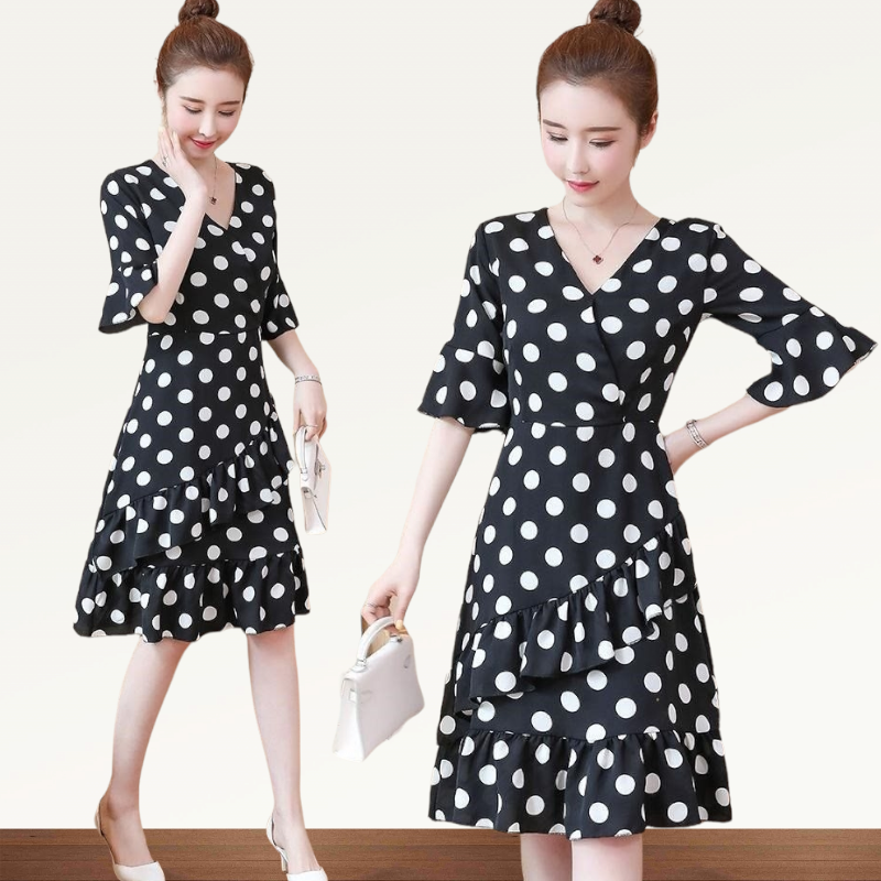 Dress4618 เดรสลายวงกลมชายระบาย ผ้าไมโครเนื้อดีมีน้ำหนักทิ้งตัว ทรงคอวีป้ายใส่แล้วดูผอมเพรียว งานดีทรงดีเรียบหรู