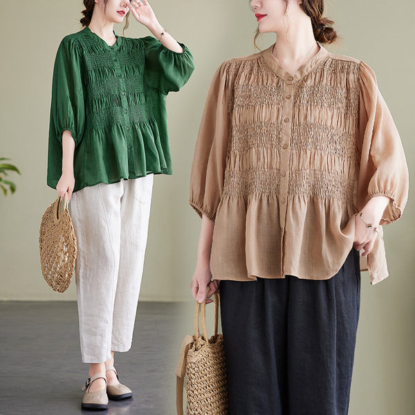 เสื้อทีเชิ้ตคนอ้วนผู้หญิงสไตล์คอตตอนลินินมีไซต์อก 47-48 นิ้ว