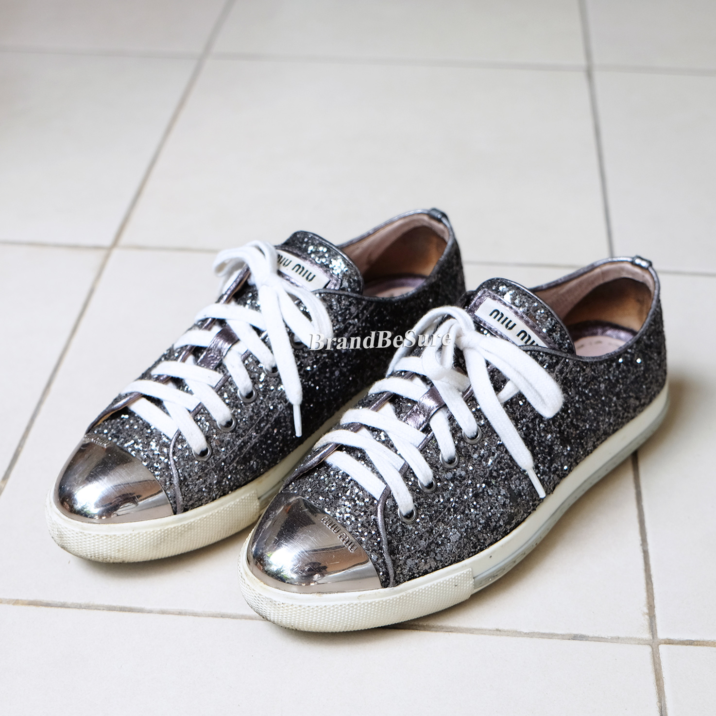 Miu Miu Black/Metallic Glitter Lace Up Metal Cap Toe Sneakers 5E8998 Size36.5