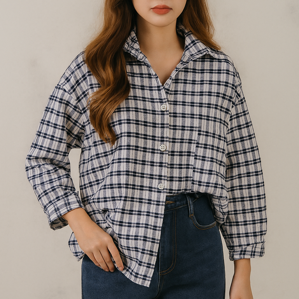 💙🤍 Blouse4070 เสื้อเชิ้ตแขนยาวลายสก็อตโทนกรม-ครีม ใส่ง่ายแมทช์ได้ทุกวัน ใส่เดี่ยวก็ดูดี หรือจะคลุมทับสายเดี่ยว/เกาะอกก็น่ารักกรุบ~