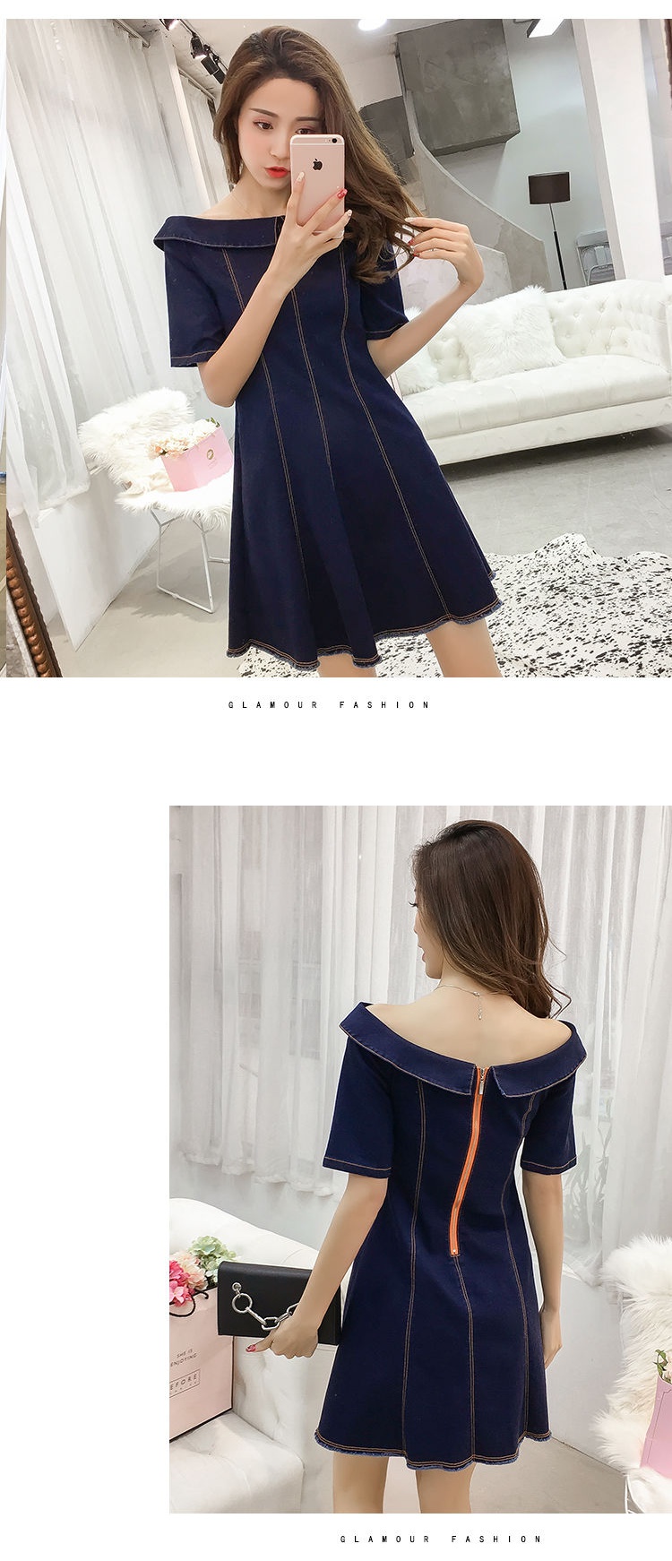 Dress4501 เดรสยีนส์เปิดไหล่แขนสามส่วน ซิปหน้าใส่ง่าย แต่งชายรุ่ยดูมีดีเทล ผ้ายีนส์แท้ยีนส์ยืดเนื้อดี