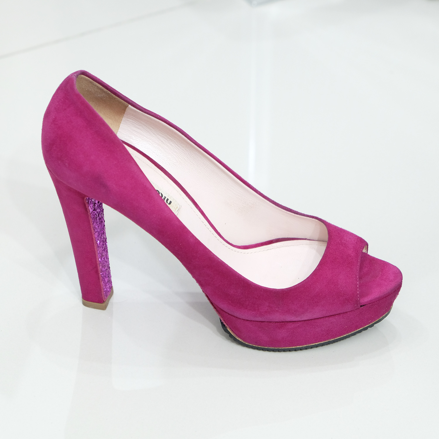 Miu Miu Fushia Pink Suede (Goat) Peep Toes Glitter Heel 5.5" Size 40