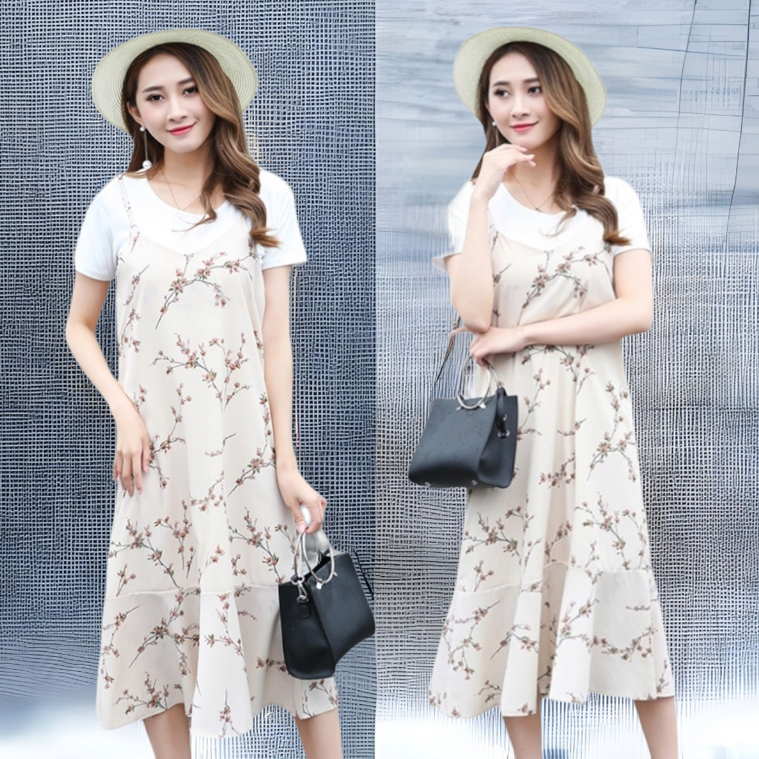 Set_bs1580 ชุด 2 ชิ้น(เสื้อ+เดรส) เสื้อยืดแขนสั้นสีขาวผ้าคอตตอนเนื้อนุ่ม+ชุดเดรสสายเดี่ยวชายระบาย ผ้าชีฟองเนื้อนุ่มลายดอกน้ำตาลพื้นสีครีม งานน่ารักผ้าเนื้อดีนุ่มใส่สบาย เซ็ทสองชิ้นสวยคุ้ม งานน่ารักแมทช์กันได้อย่างลงตัว