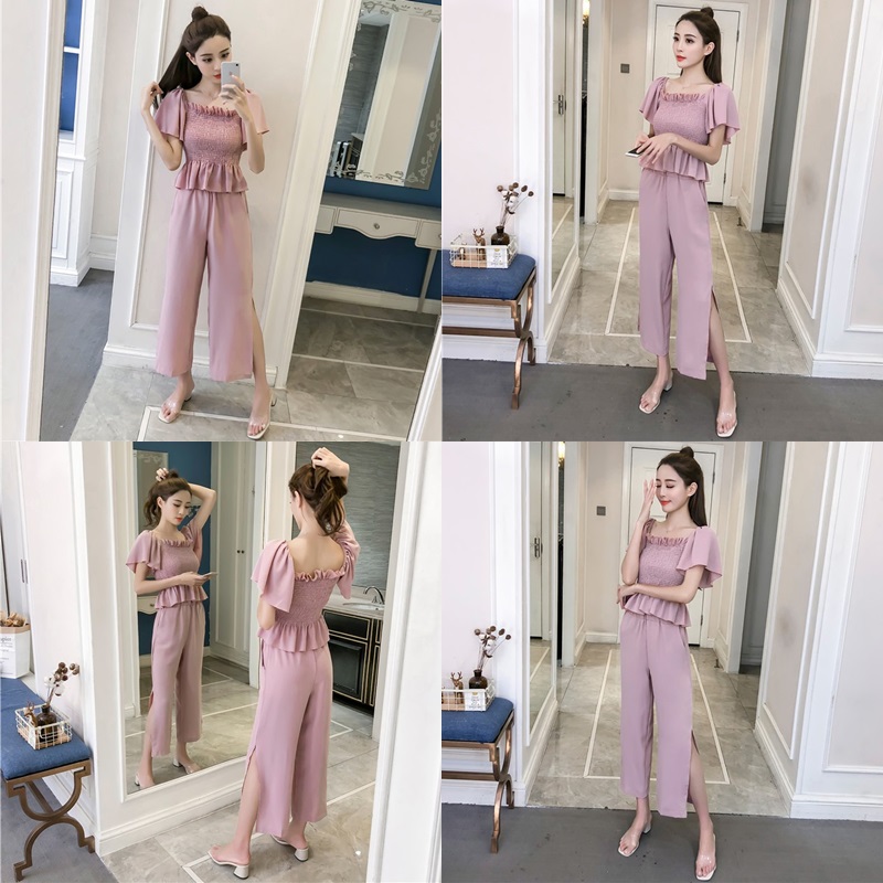 Set_bt1800 ชุดเซ็ท 2 ชิ้น(เสื้อ+กางเกง) เสื้อเปิดไหล่สม็อครอบอกแขนทรงปล่อย+กางเกงขายาวเอวยางยืดผ่าชายเล็กน้อยเพื่อความคล่องตัว มีกระเป๋าข้าง ผ้าชีฟองเกรดพรีเมียมเนื้อดีหนานุ่มมีน้ำหนักใส่สบายไม่ยับง่าย งานน่ารักเก๋ๆ ใส่เที่ยว/ใส่ทำงานได้