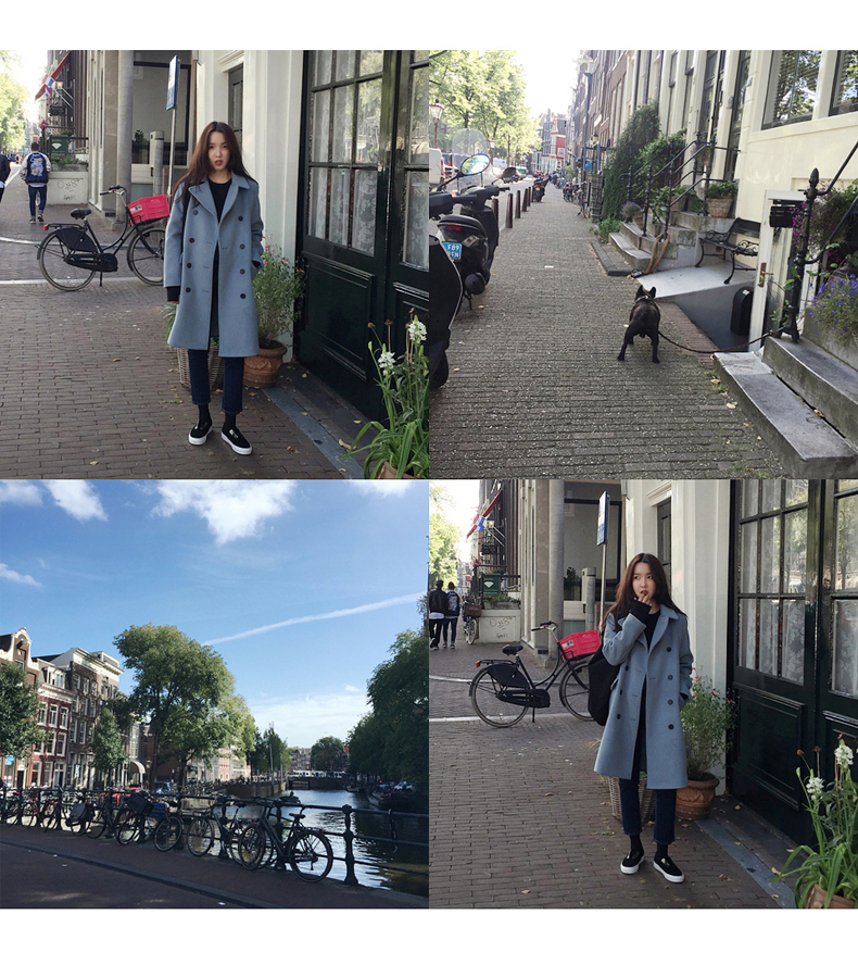 OverCoat เสื้อโค้ทกันหนาว สไตล์เกาหลี สีฟ้าอ่อน ตัวยาวแต่งกระดุมสองแถว บุซับในฟกันลม พร้อมส่ง สีฟ้าอ่อน L