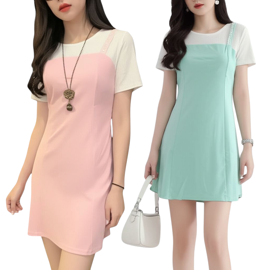 Dress4312 เดรสน่ารักทรงสวย ช่วงบนสีขาวตัดต่อเอี๊ยมกระโปรง ดีไซน์เหมือนใส่สองชิ้นแต่เป็นชุดติดกัน งานน่ารักแบบไม่ซ้ำใคร ใส่เก๋ๆ ได้บ่อย มี 2 สี เขียวมิ้นท์, ชมพู