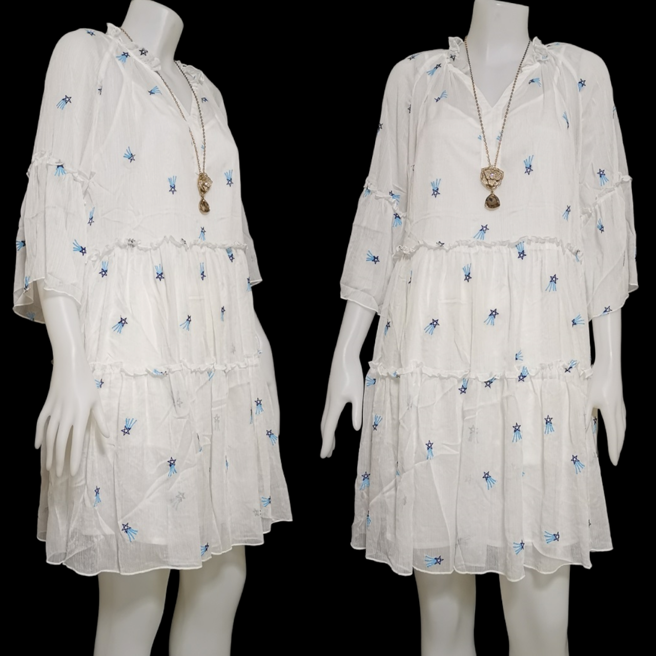 Dress4700 ชุดเดรสแฟชั่นนำเข้า เดรสชีฟองสีขาวทรงปล่อยปักลายดาว ดีเทลต่อเป็นชั้นๆ มีเดรสสายเดี่ยวซับในแยกชิ้น ผ้าชีฟองเนื้อดีนุ่มใส่สบาย งานสวยใส่ง่ายน่ารักมาก สายคาเฟ่ใส่ชิลด์ๆ ถ่ายรูปเก๋ๆ หรือใส่เที่ยวทะเลก็น่ารัก