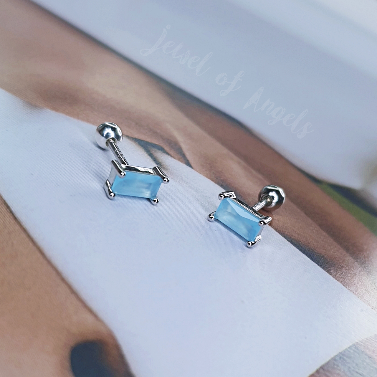 ต่างหูเงินแท้S925 รุ่น Chance ต่างหูเพชรCZ สี่เหลี่ยม สีฟ้า แป้นหลังบอล เงินแท้ทั้งชิ้น Silver925 ต่างหูผู้ชาย ต่างหูผู้หญิง