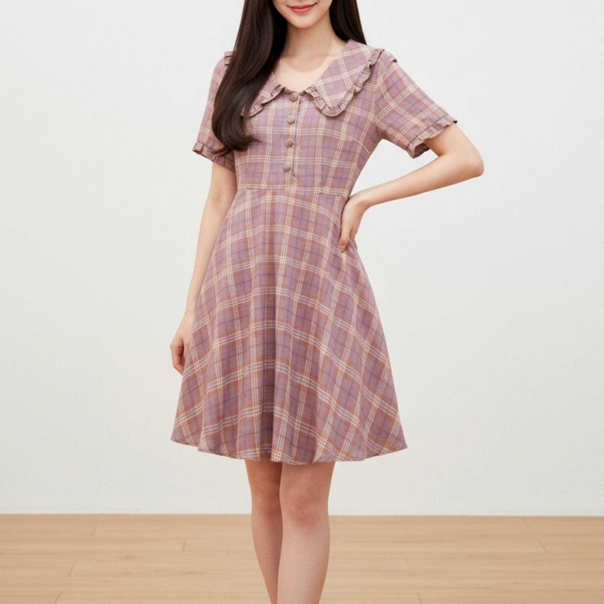 👗 Dress4592 เดรสลายสก็อตผ้าโพลีเนื้อนุ่ม ช่วยขับลุคให้อ่อนหวานละมุนดูน่าทะนุถนอมและดูน่ามองเป็นพิเศษ ด้วยโทนชมพูอมม่วงสไตล์ญี่ปุ่นแมทช์ได้หลายโอกาส