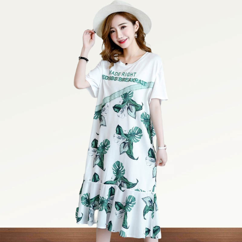 Dress4547 เดรสยาวสีขาวลายดอกไม้สีเขียว ชายระบาย งานตัดเย็บอย่างดีมีซับในทั้งชุด ผ้าชีฟองเกรดพรีเมียมเนื้อดี
