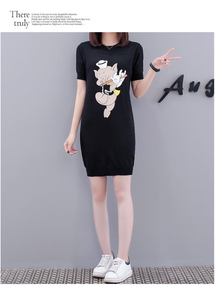Dress4576 เดรสไหมพรมแขนสั้นสีพื้นดำแต่งลาย Pig ผ้าไหมพรมถักเนื้อนุ่มยืดหยุ่นสูงเนื้อหนาปานกลางใส่ได้ทุกฤดูกาล งานสวยใส่ง่ายน่ารักมาก